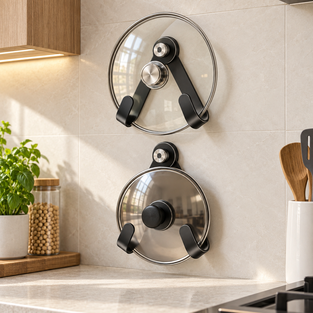 Wall-mounted pot rack without holes drilled